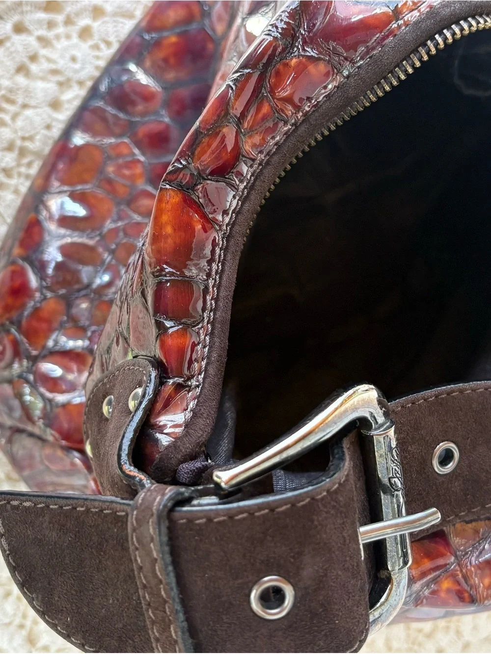 Donald J. Pliner Brown Suede  Crocodile Embossed Hobo Shoulder bag